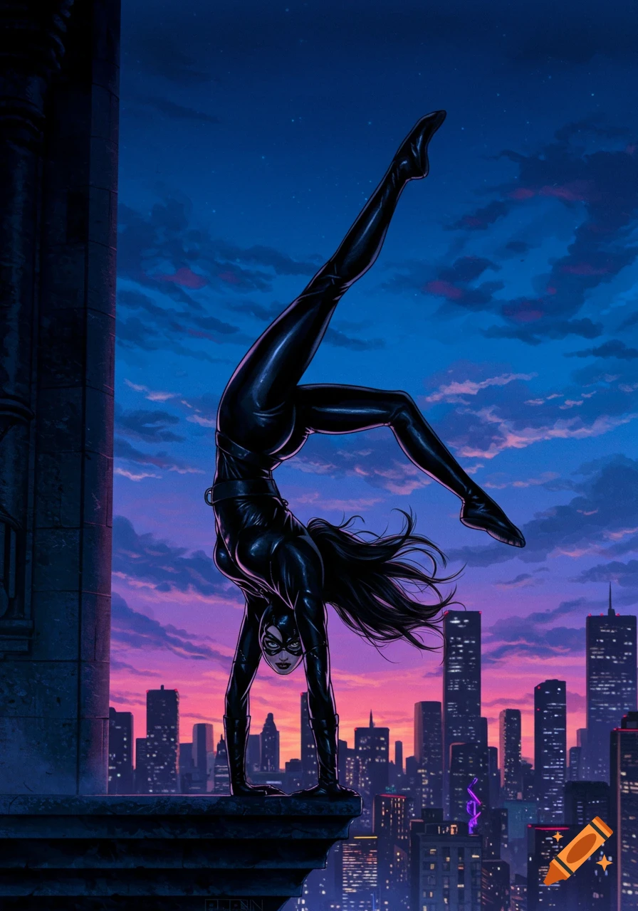 Catwoman in a black suit performs a handstand on a rooftop overlooking a city skyline at sunset in a comic book illustration.