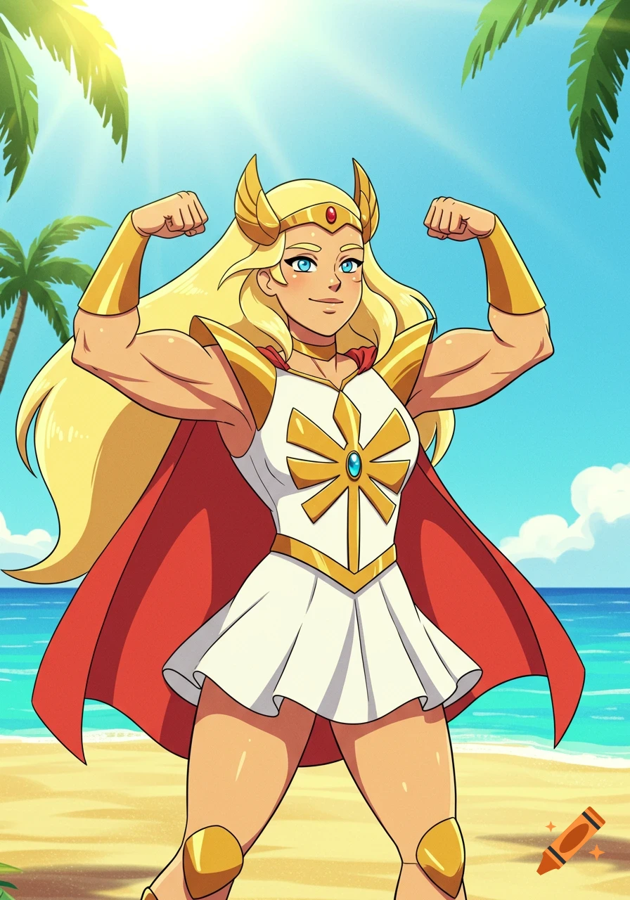 She-Ra flexing her muscular arms at a sunny beach with palm trees in a cartoon style.