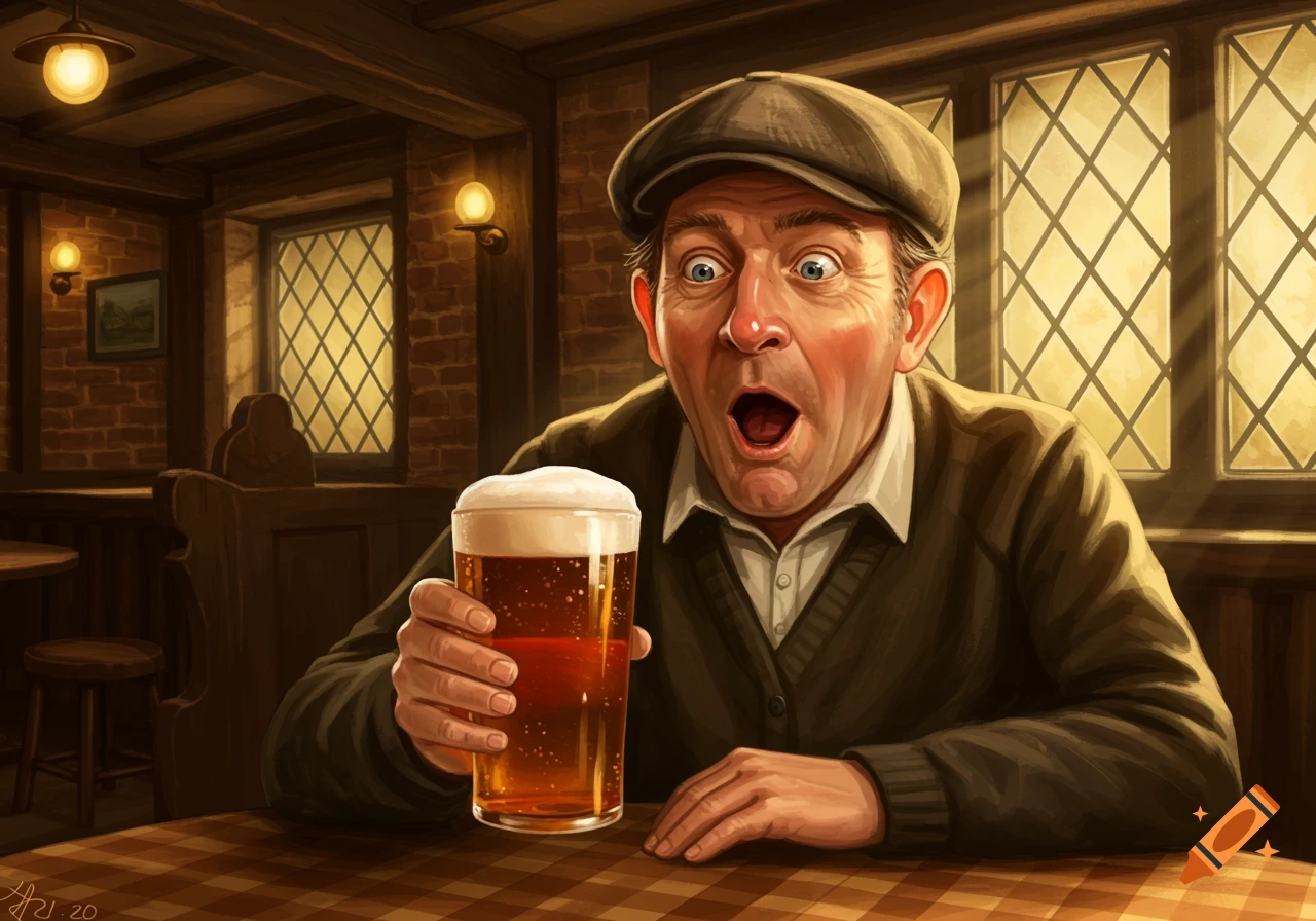 An illustrated portrait of a surprised man in a flat cap holding a pint of beer in a dimly lit pub.
