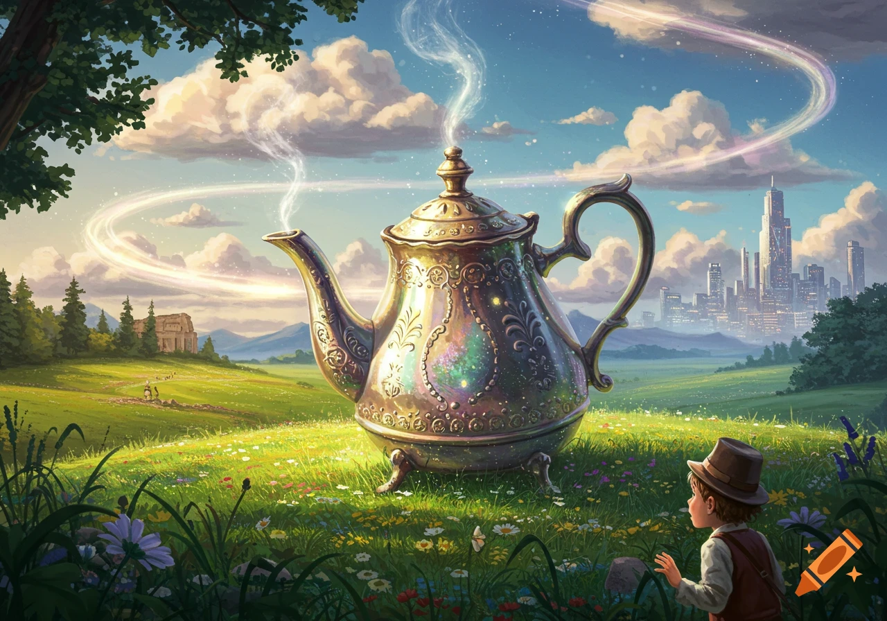 A large ornate magical teapot steams in a vibrant meadow with a child, ruins, and a distant city under a cloudy sky with light trails.