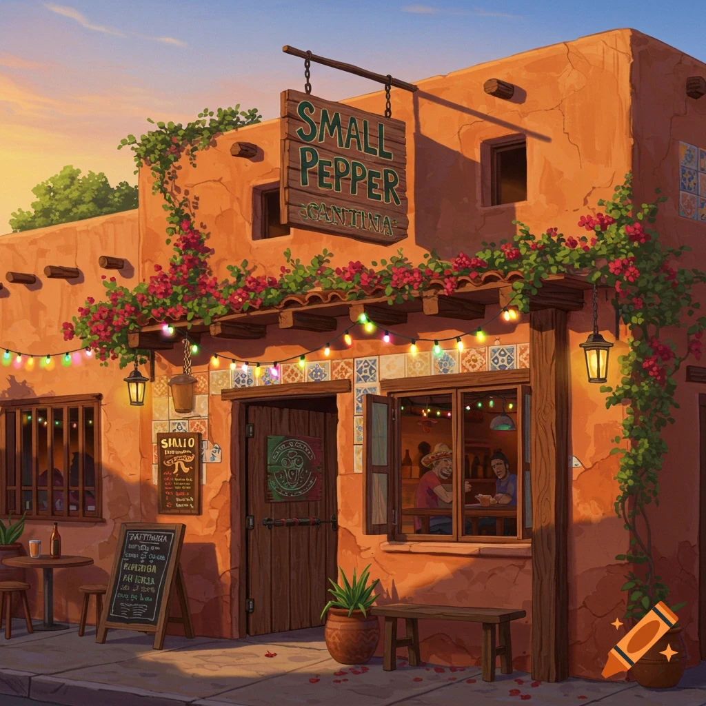 A colorful, stylized illustration of a vibrant cantina building with a sign that reads "Small Pepper Cantina". It features warm lighting, flowering vines, and string lights, with people visible inside through a window.