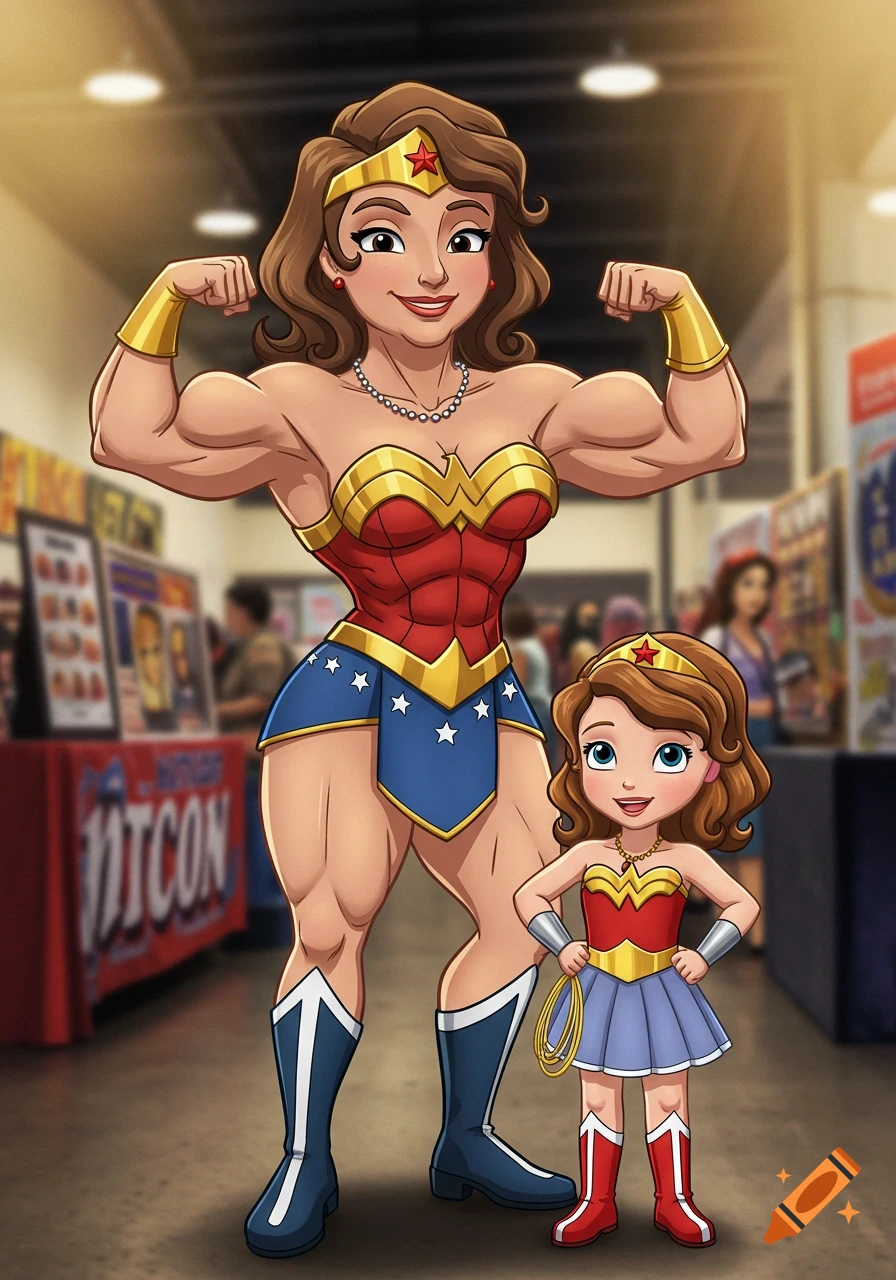 Cartoon of a muscular Wonder Woman flexing beside a child Wonder Girl at Comic Con.