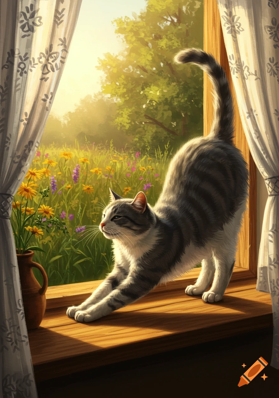 A gray and white tabby cat stretches on a sunlit wooden windowsill, looking out at a field of wildflowers and trees.