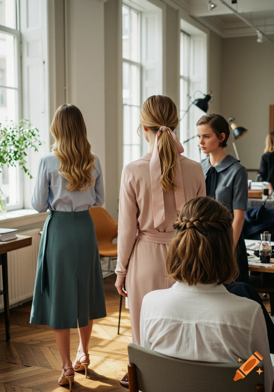 Women with various elegant and casual hairstyles in an office setting.