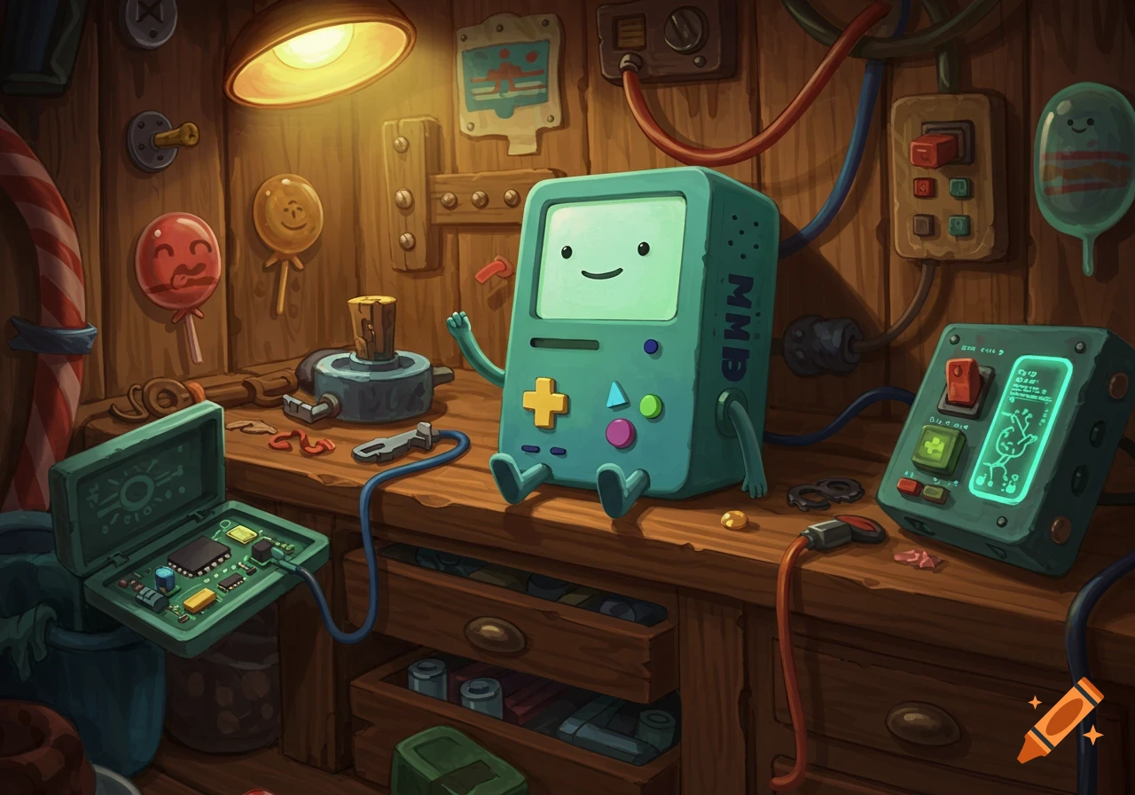 A cozy digital painting of BMO from Adventure Time sitting on a wooden workbench filled with gadgets and wires under warm lamp light.