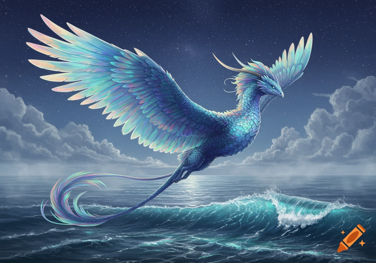 A vibrant iridescent mythical creature with large wings and a long tail flies over a dark ocean under a starry night sky.