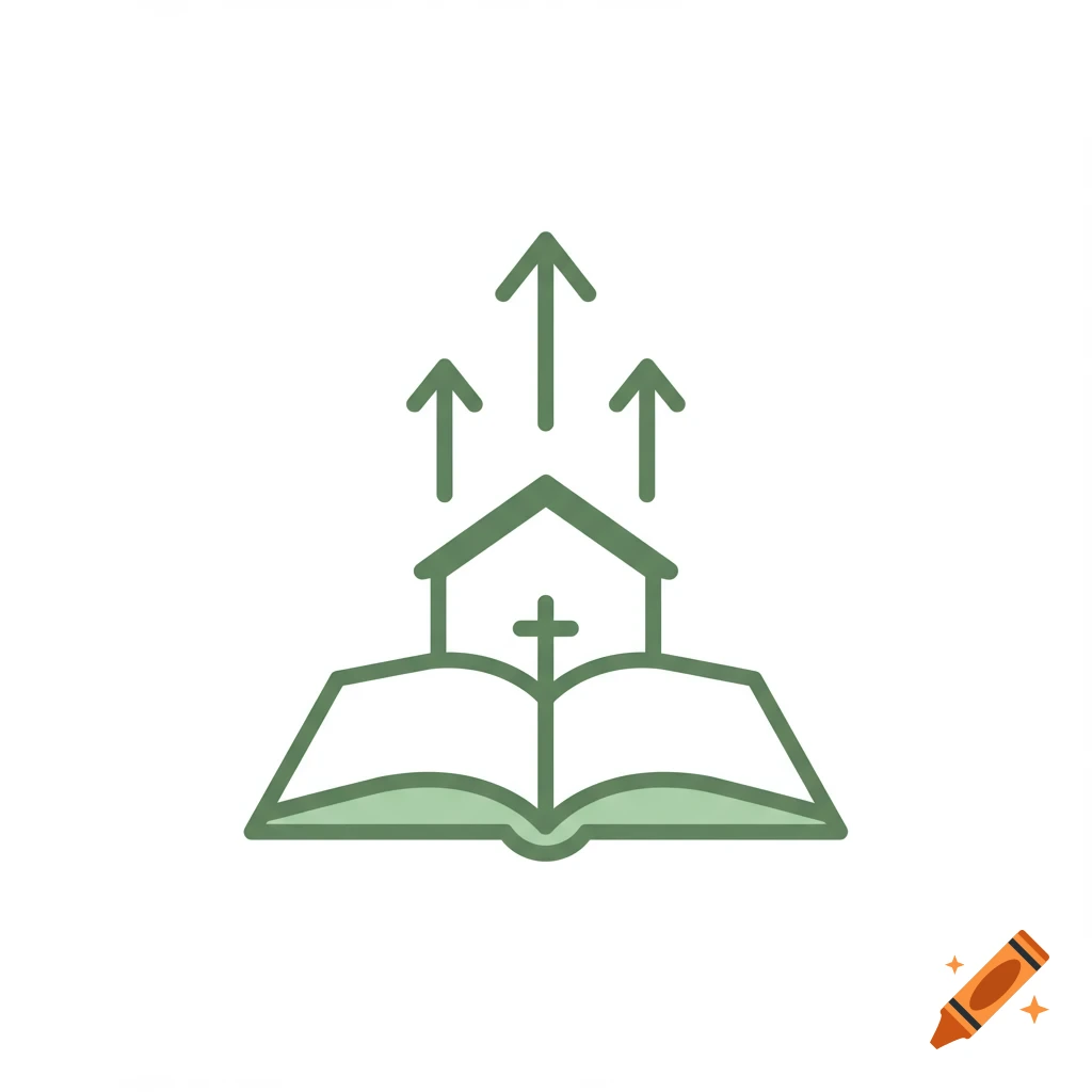 Minimalist vector icon of a green church and open book with a cross and three upward arrows on a white background.