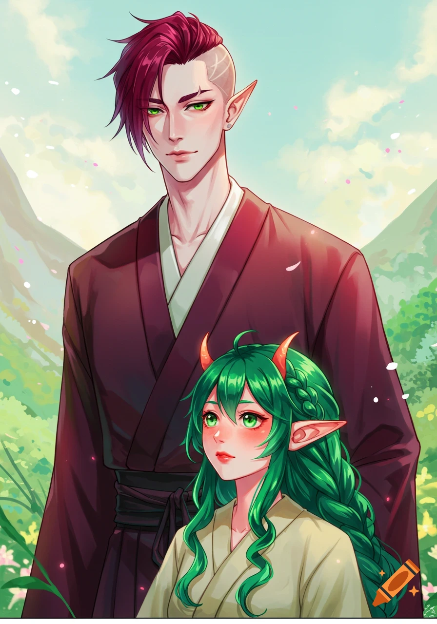 A man with wine-red hair and green eyes stands behind a green-haired woman with horns and elf ears, in an anime style.