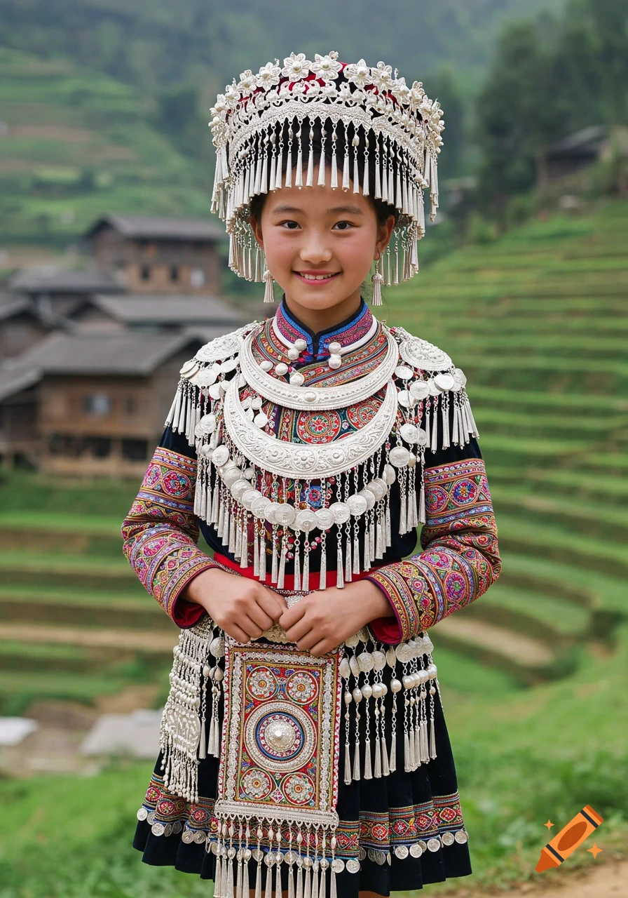A smiling Hmong girl in elaborate traditional silver and embroidered attire stands in front of green rice terraces and buildings.