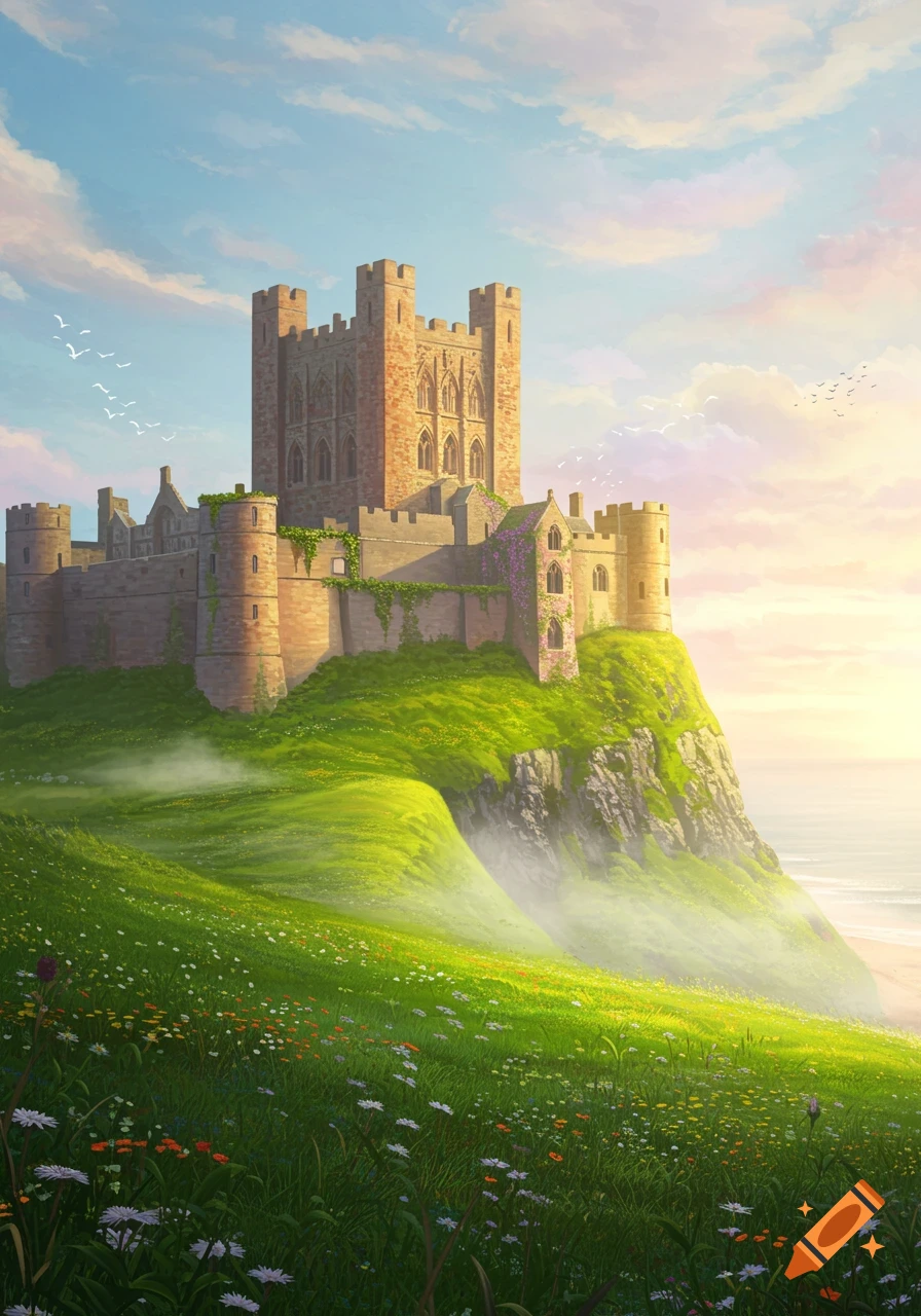 A majestic stone castle with turrets on a lush green hill overlooking the sea, under a bright, cloud-streaked sky at sunset.