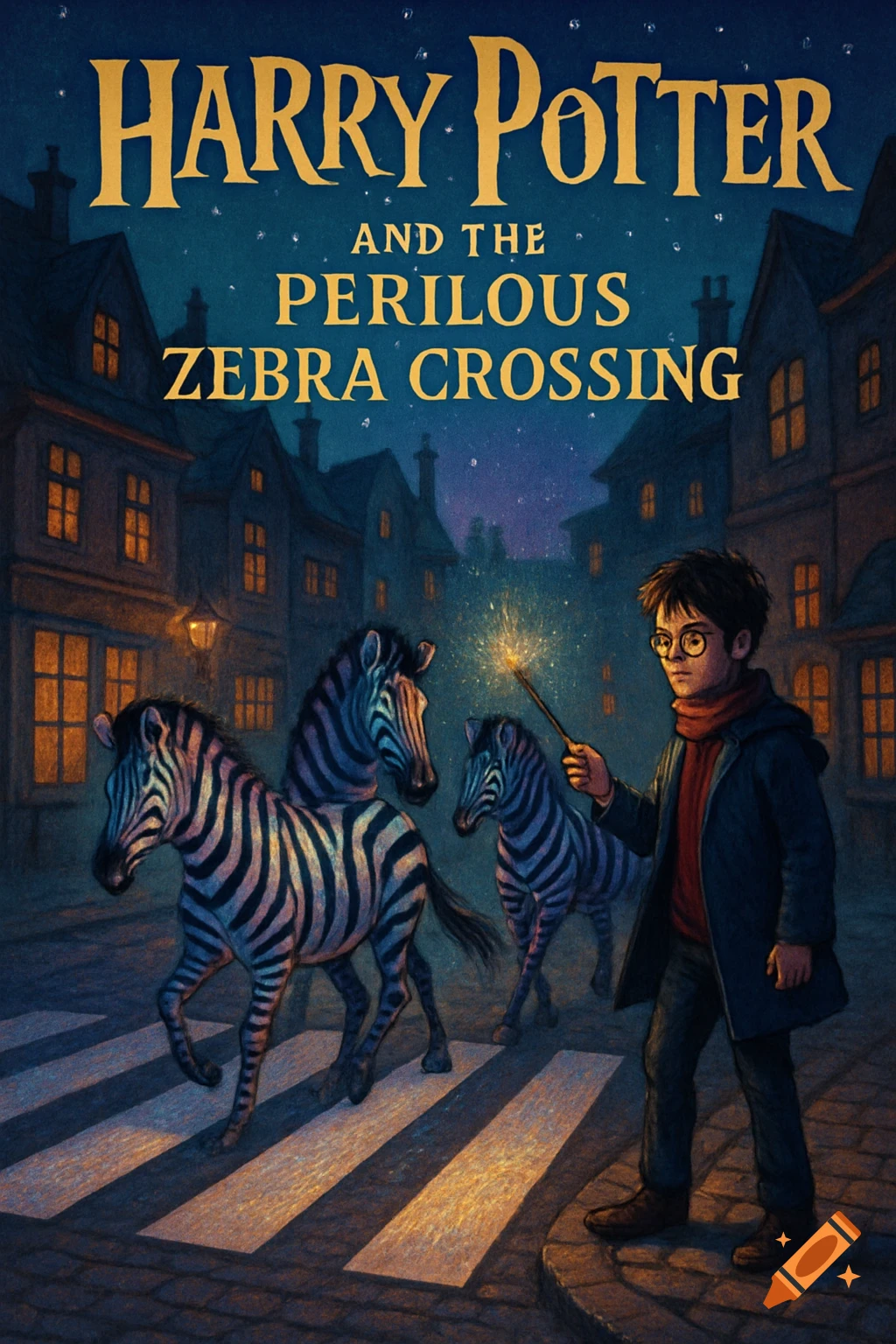 Book cover shows Harry Potter on a zebra crossing with three zebras at night. Title: Harry Potter and the Perilous Zebra Crossing.