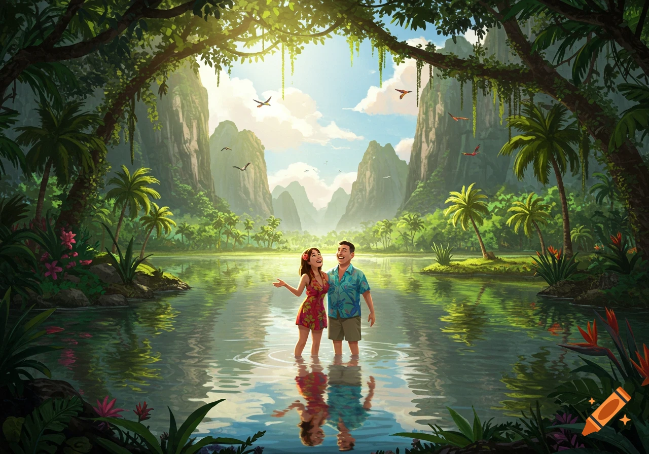 A happy couple stands in clear water in a lush tropical paradise with mountains, palm trees, and birds under a sunny sky.