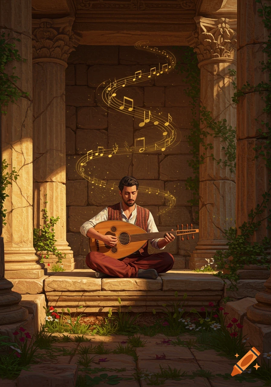 A man sits cross-legged on a stone platform amidst ancient ruins, playing a wooden oud while golden musical notes float above him.