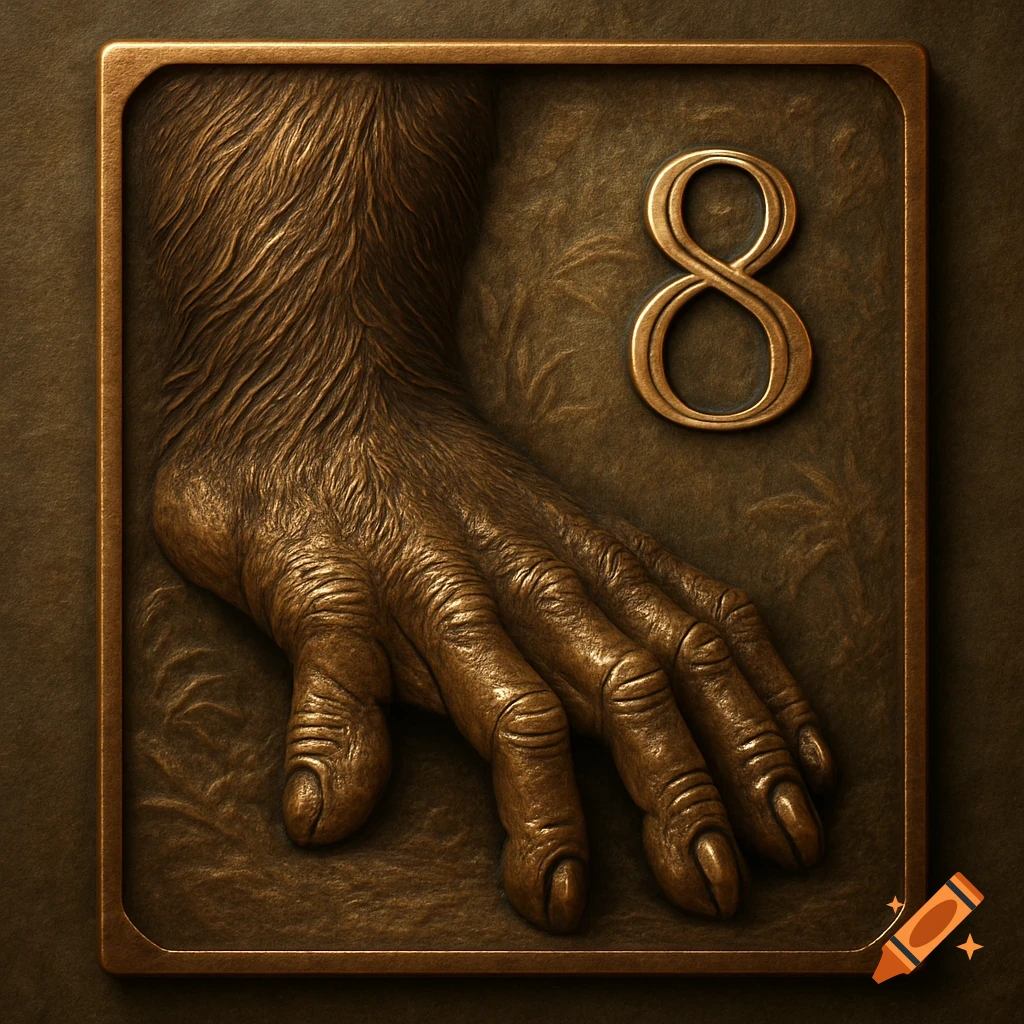 A bronze plaque features a textured gorilla foot and a stylized number 8, rendered in rich brown tones.