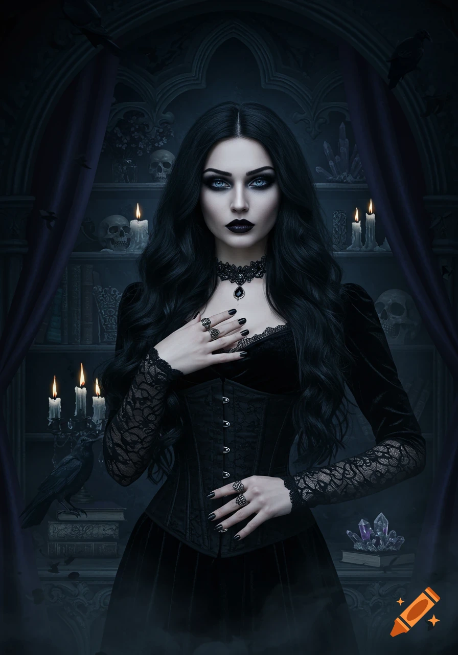 A gothic woman with dark hair, icy blue eyes, and a velvet corset dress stands in a candlelit room with skulls and a raven.