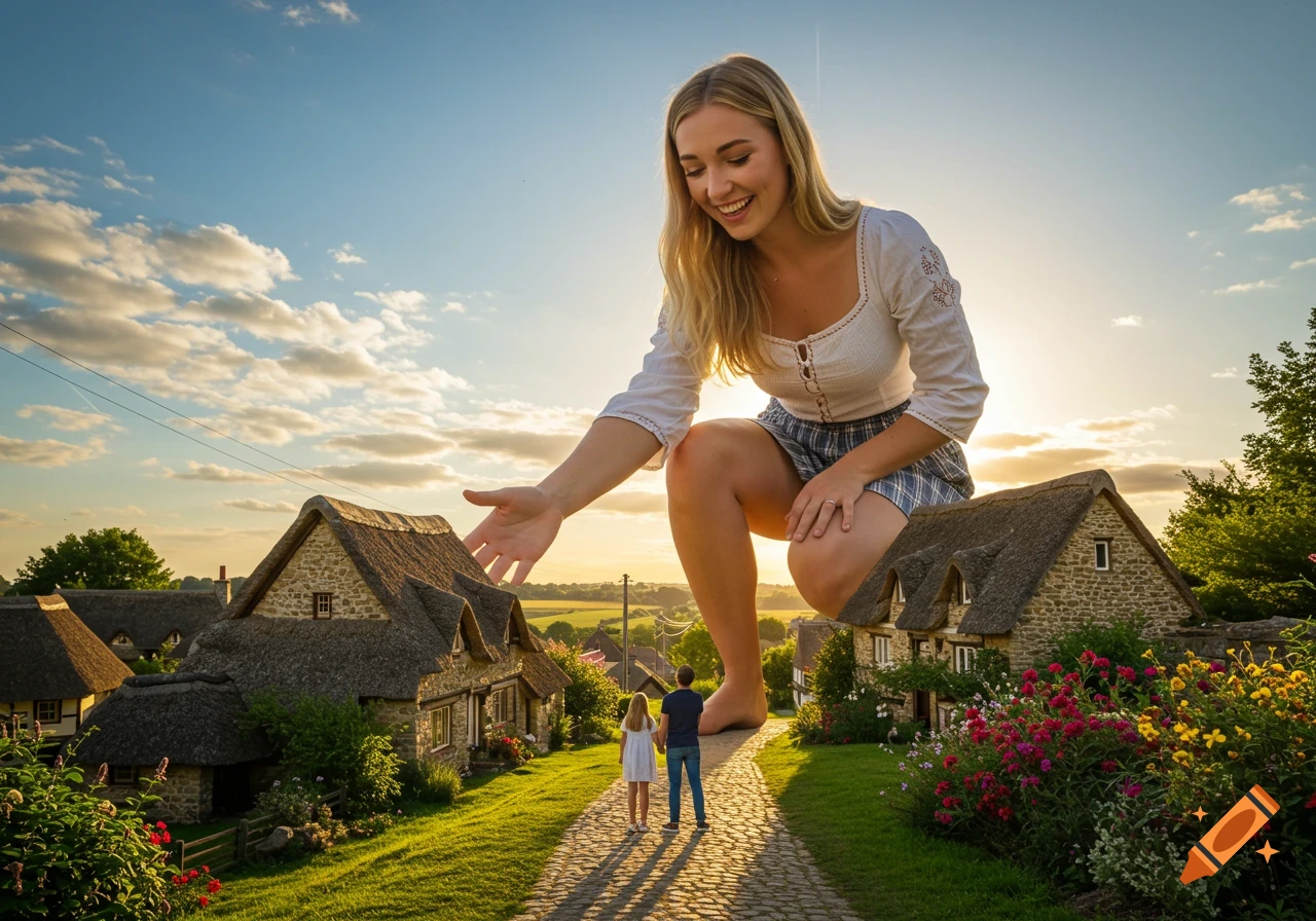 A photorealistic image of a giant smiling woman kneeling, reaching out to a tiny couple walking on a path in a quaint village at sunset.