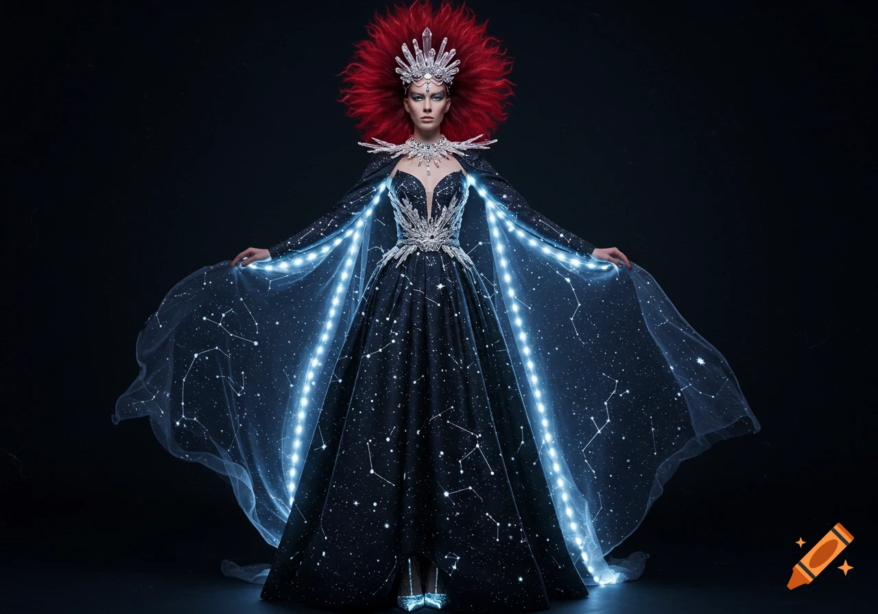 A woman in a black gown covered in stars with glowing blue LED cape, red spiky hair, and a crystal crown against a dark background.