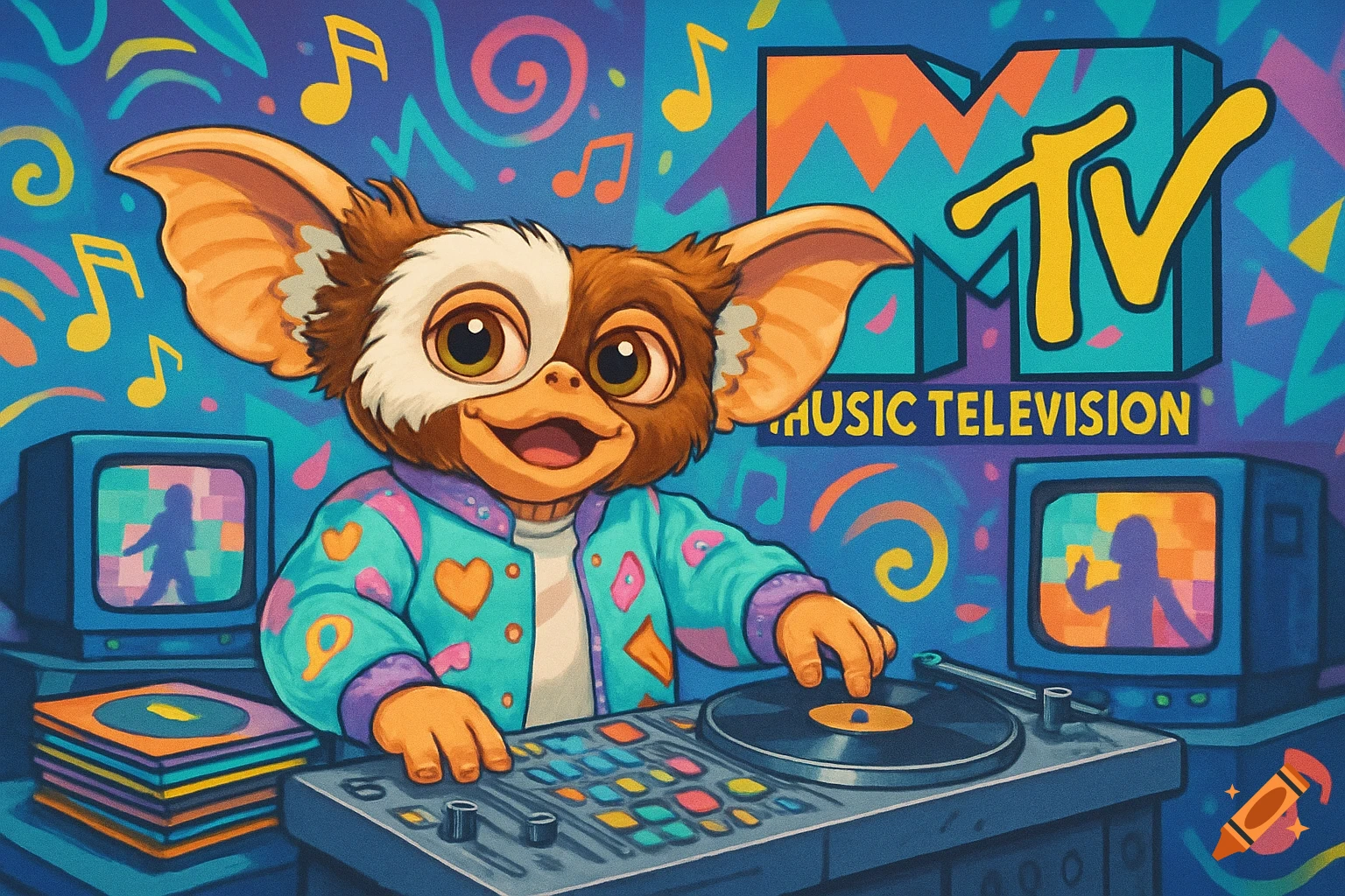 Cartoony Gizmo as a VJ, wearing a colorful 90s jacket, mixing on turntables with an MTV logo background.