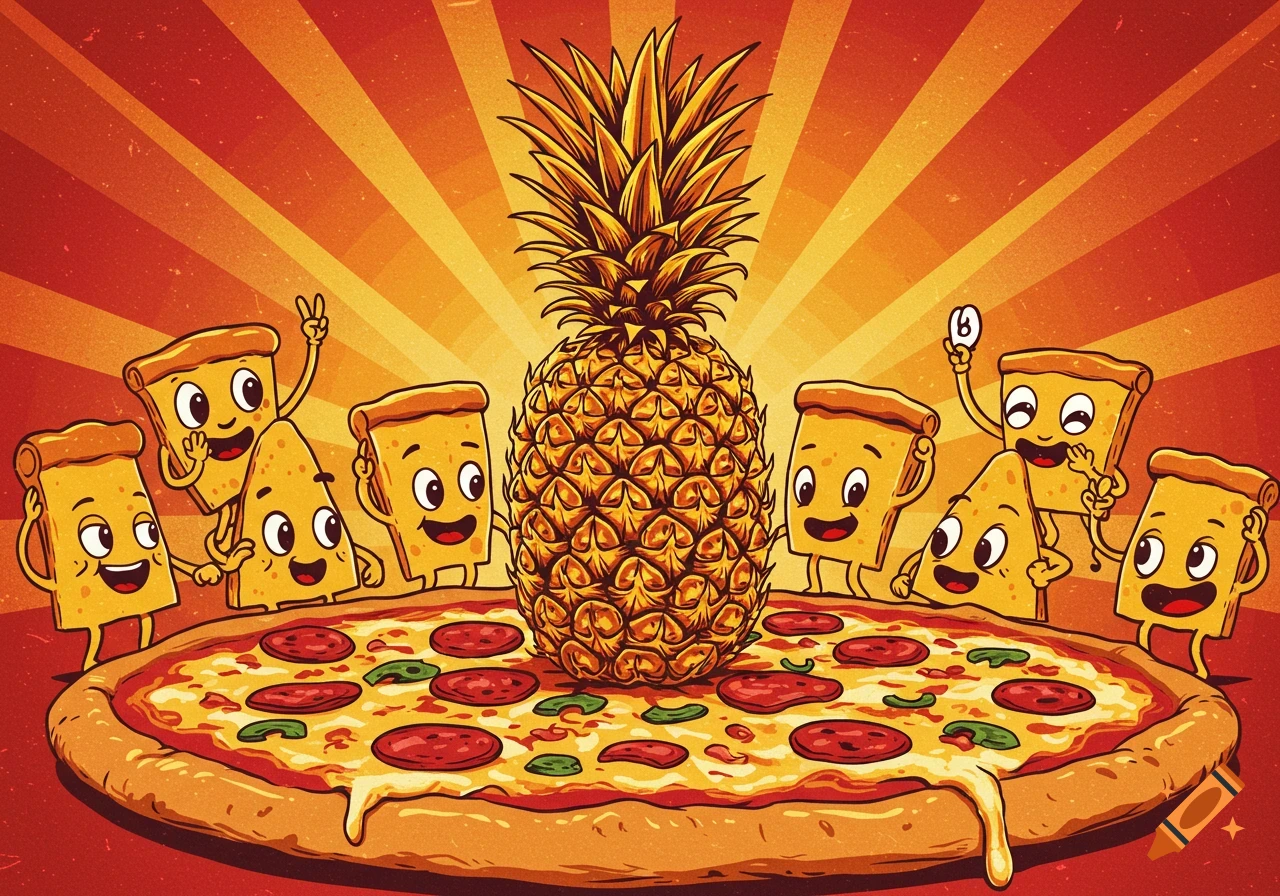 Cartoon pizza slices cheer around a large pineapple on a pepperoni pizza in a vibrant propaganda poster style.