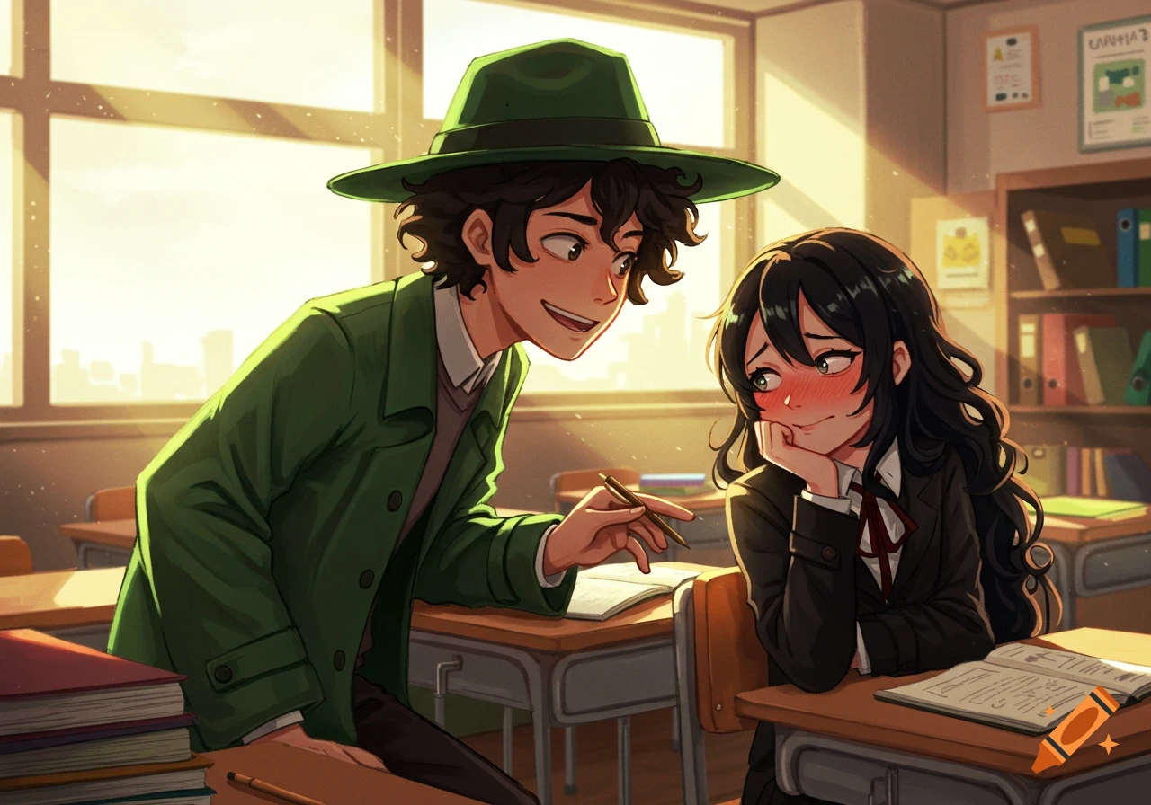 Anime illustration of a boy in a green hat leaning towards an embarrassed girl in a classroom.