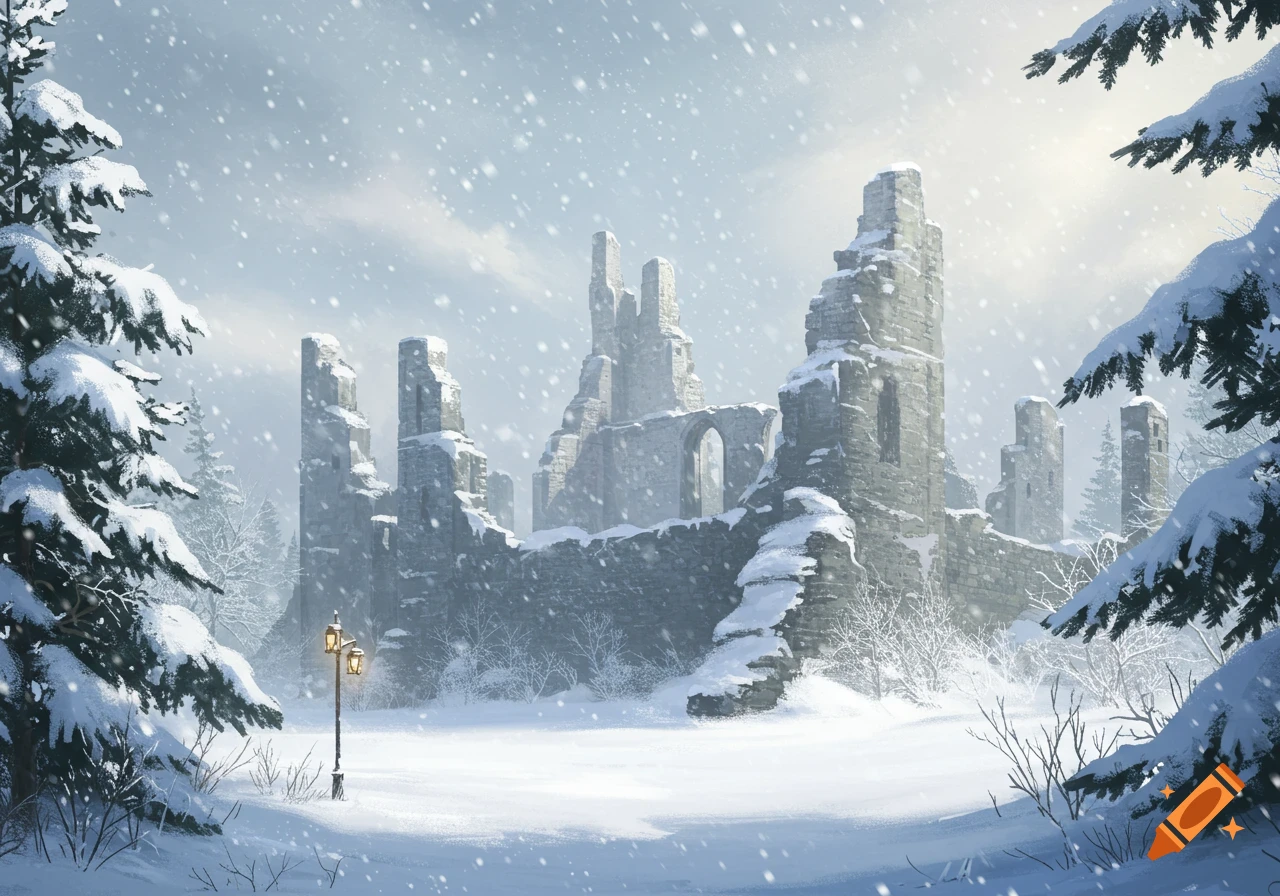 Snowy landscape with old stone castle ruins and pine trees under falling snow, illuminated by a street lamp.