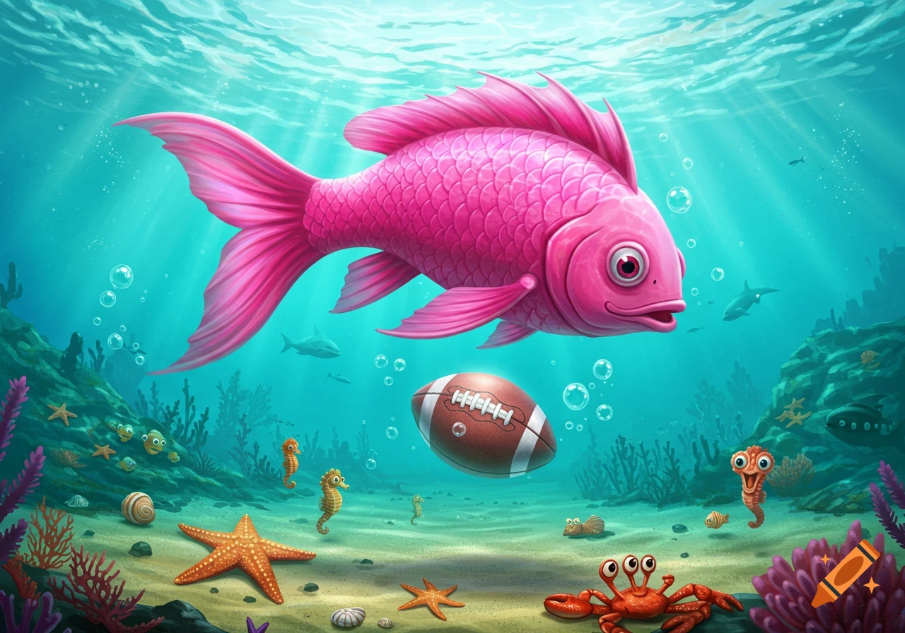 A vibrant pink fish swims in a cartoon underwater scene with a football, starfish, seahorses, and a crab on the seabed.