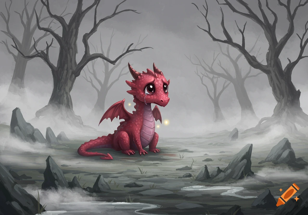 A sad red baby dragon with big eyes sits in a misty, gray, dead forest with bare trees and rocks.