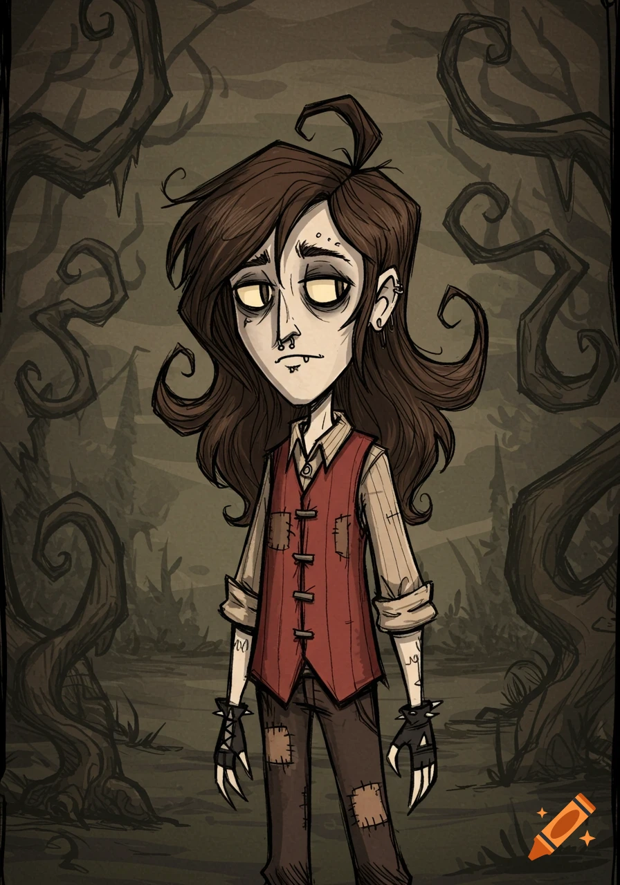 An androgynous character with long brown hair and a nose piercing, stylized like Don't Starve Together, standing in a spooky, dark forest.