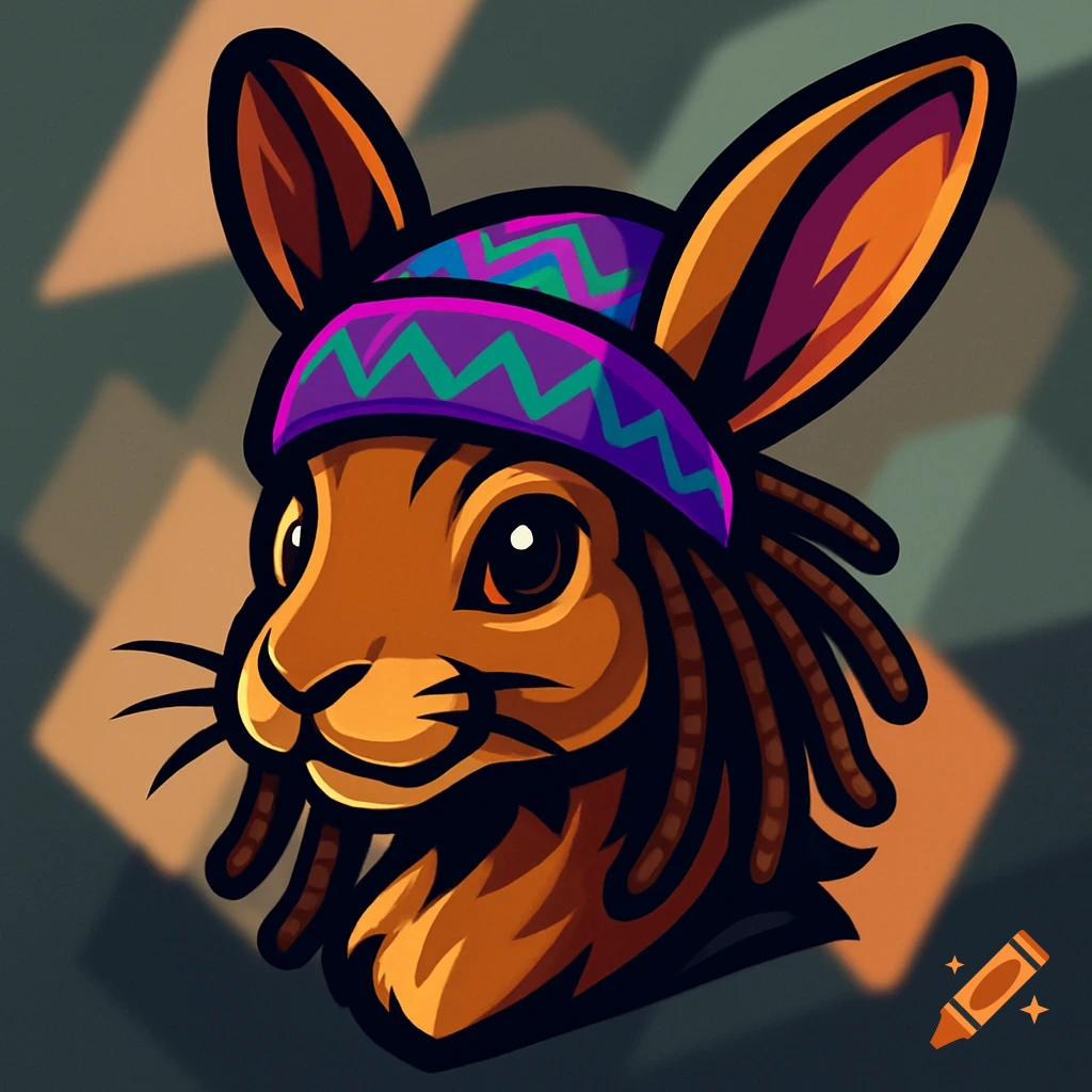 A stylized cartoon logo of a brown rabbit with dreadlocks wearing a purple and teal beanie.