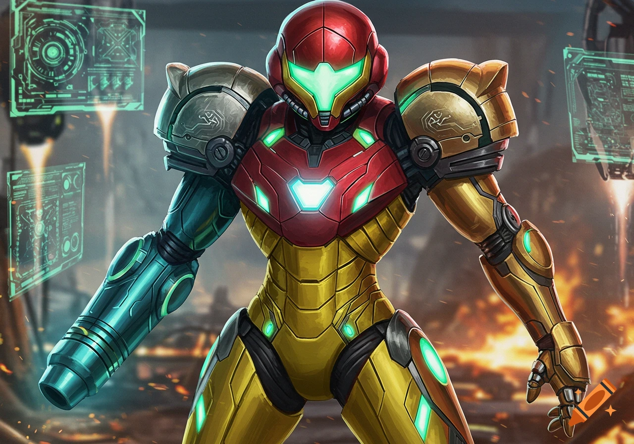 A heroic character in red, gold, and teal sci-fi power armor with glowing green accents, against a futuristic background with holographic displays.