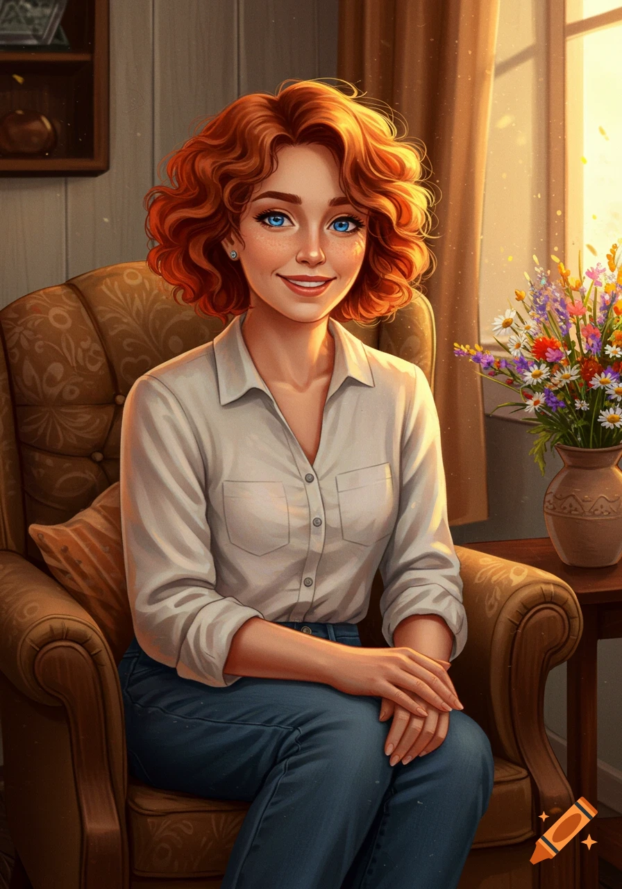 A smiling woman with short red curly hair and blue eyes sits in an armchair, bathed in warm sunlight in this digital illustration.