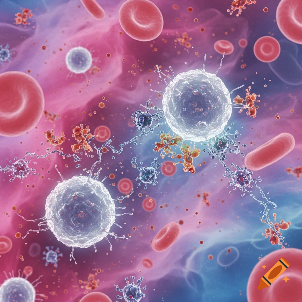 Microscopic view of white blood cells, red blood cells, and other cellular structures in a vibrant pink and blue fluid.