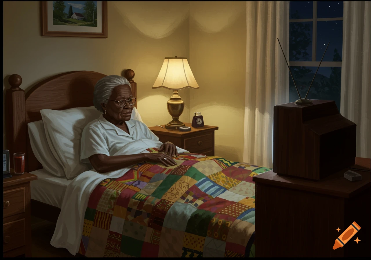 Digital painting of an elderly Black woman watching an old TV from her bed at night, under a colorful quilt.