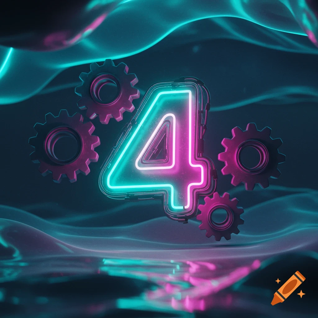 Neon number 4 with pink and blue light, surrounded by dark gears in a glowing, futuristic setting.