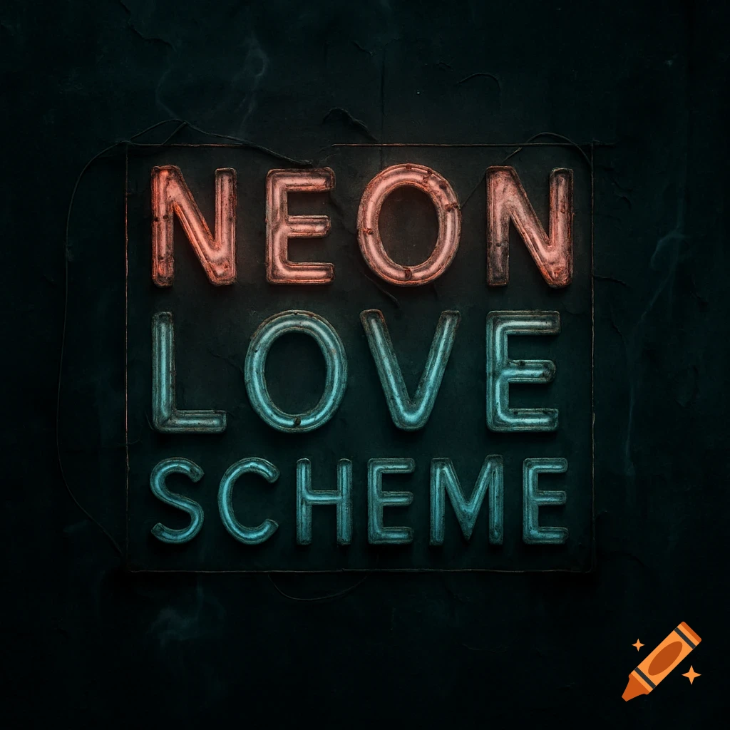 Faded neon sign displaying the words 'NEON LOVE SCHEME' in red and blue lights against a dark, grungey wall.