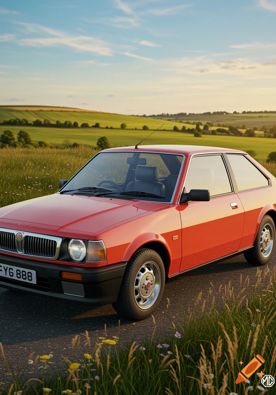 A red MG Maestro car parked on a rural road with green fields under a blue sky.