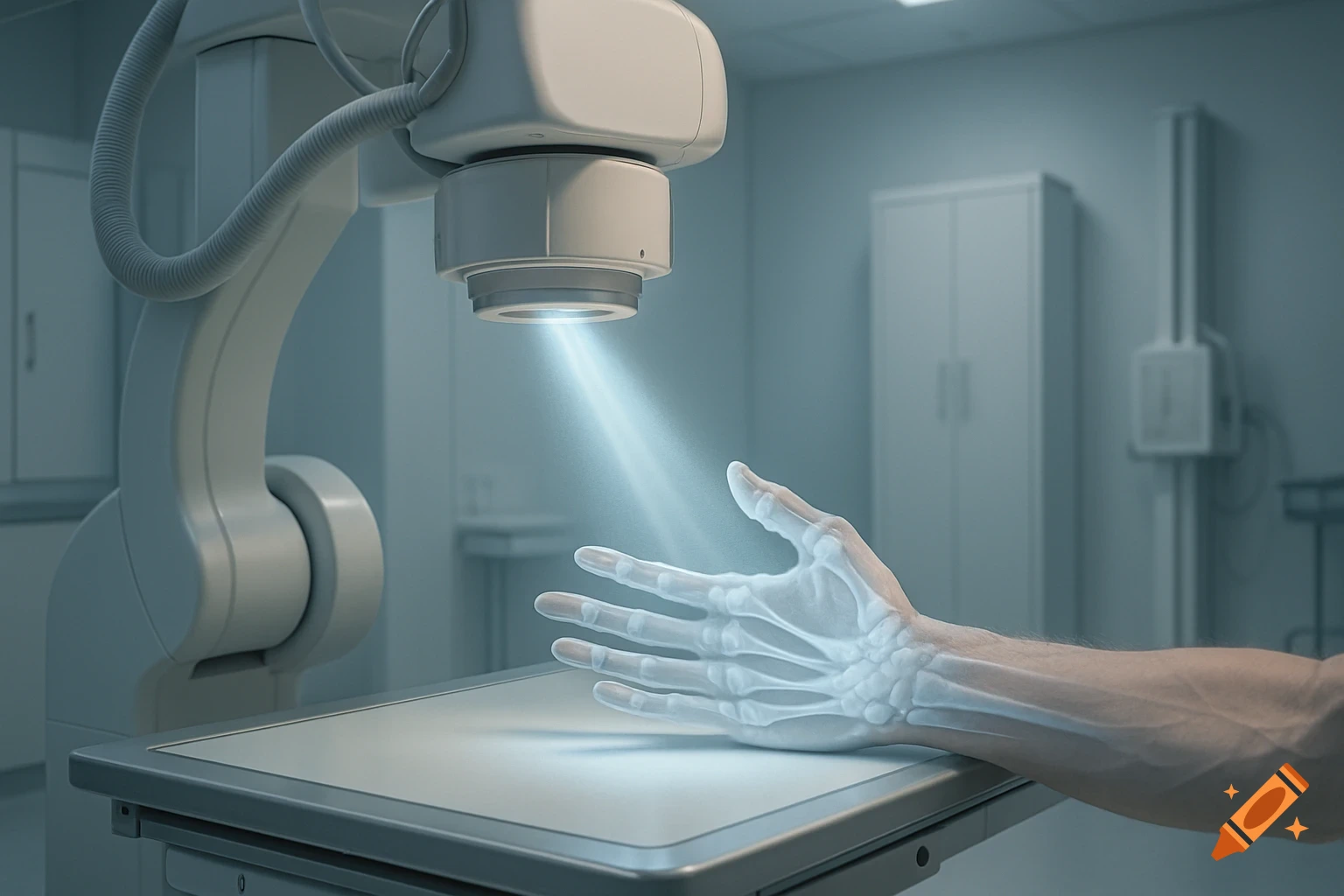 A photorealistic image of a human hand being X-rayed by a medical machine, revealing the bones inside.