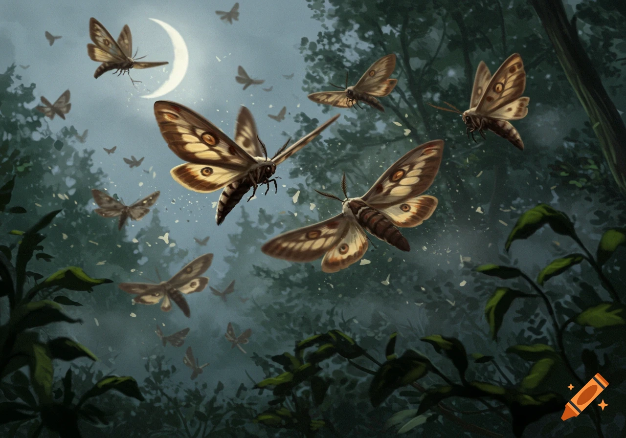 Several brown moths with eye-spot patterns fly through a dark, misty forest at night under a crescent moon.