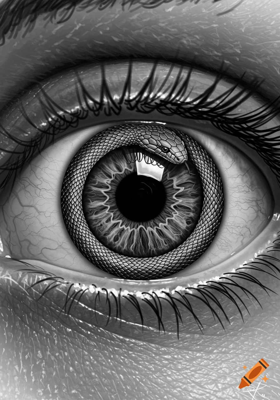 Close-up black and white illustration of a human eye with a snake coiled around the iris, forming an ouroboros symbol.