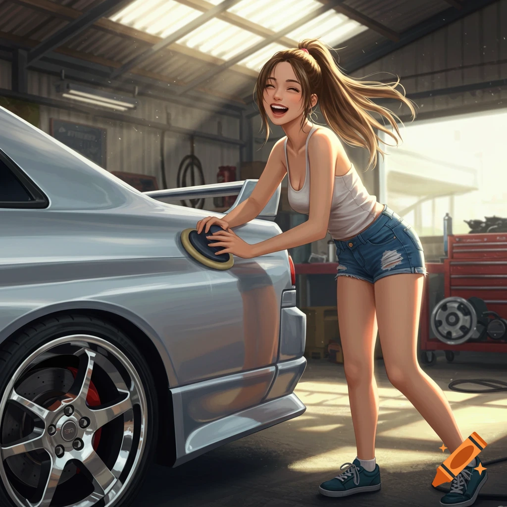 Anime illustration of a laughing young woman cleaning a silver car with a buffer in a sunlit garage.