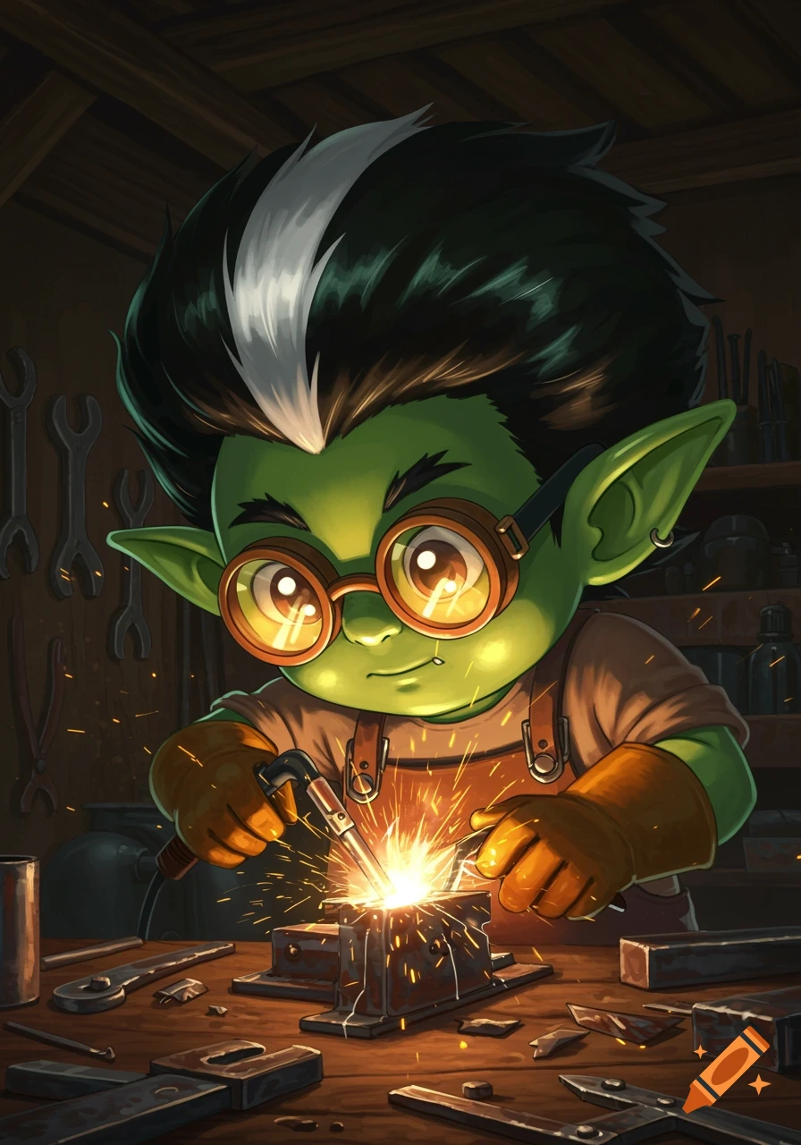 A cute green-skinned goblin boy with big black hair and a white stripe welds metal in a workshop, sparks flying. Anime style.