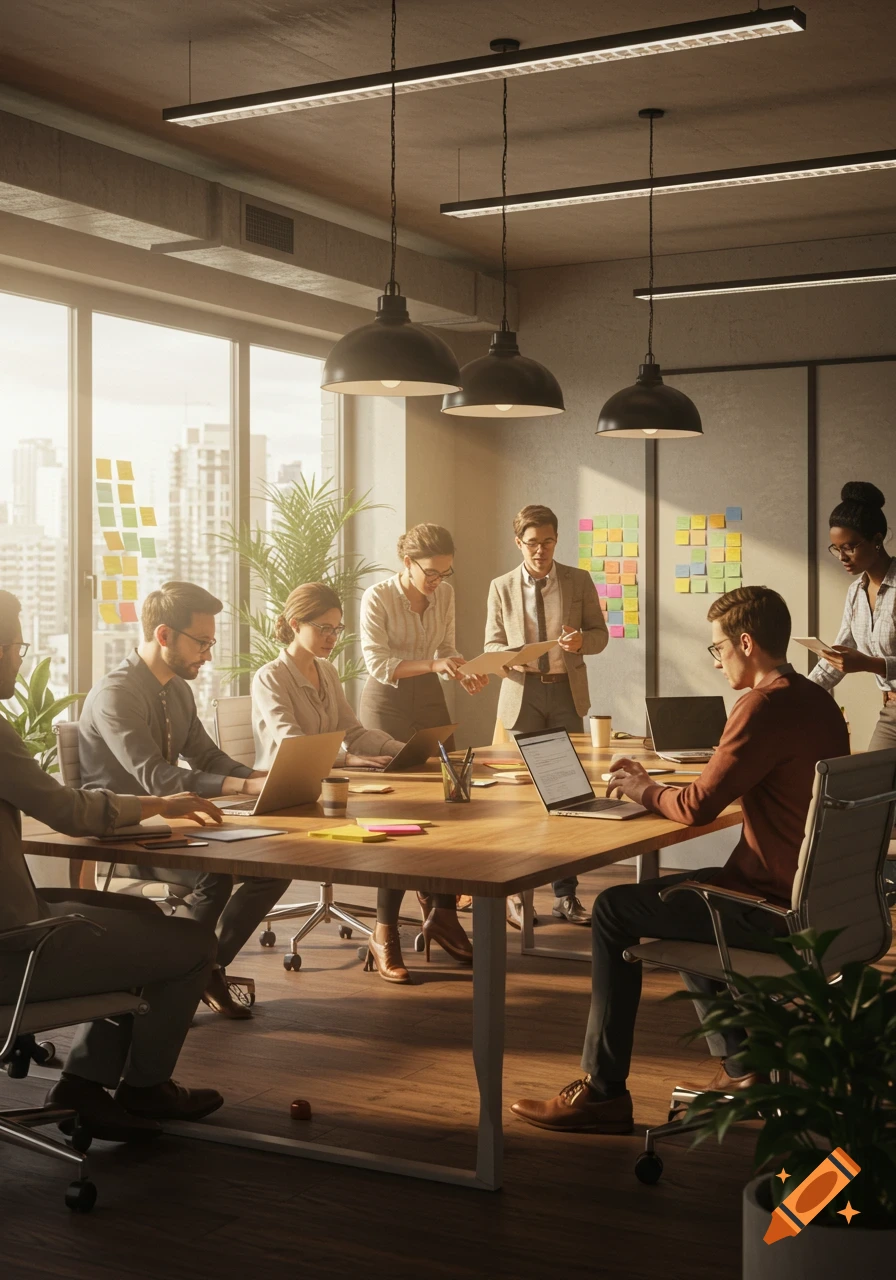 Photorealistic image of a group of diverse professionals working and collaborating around a large wooden table in a sunlit modern office.