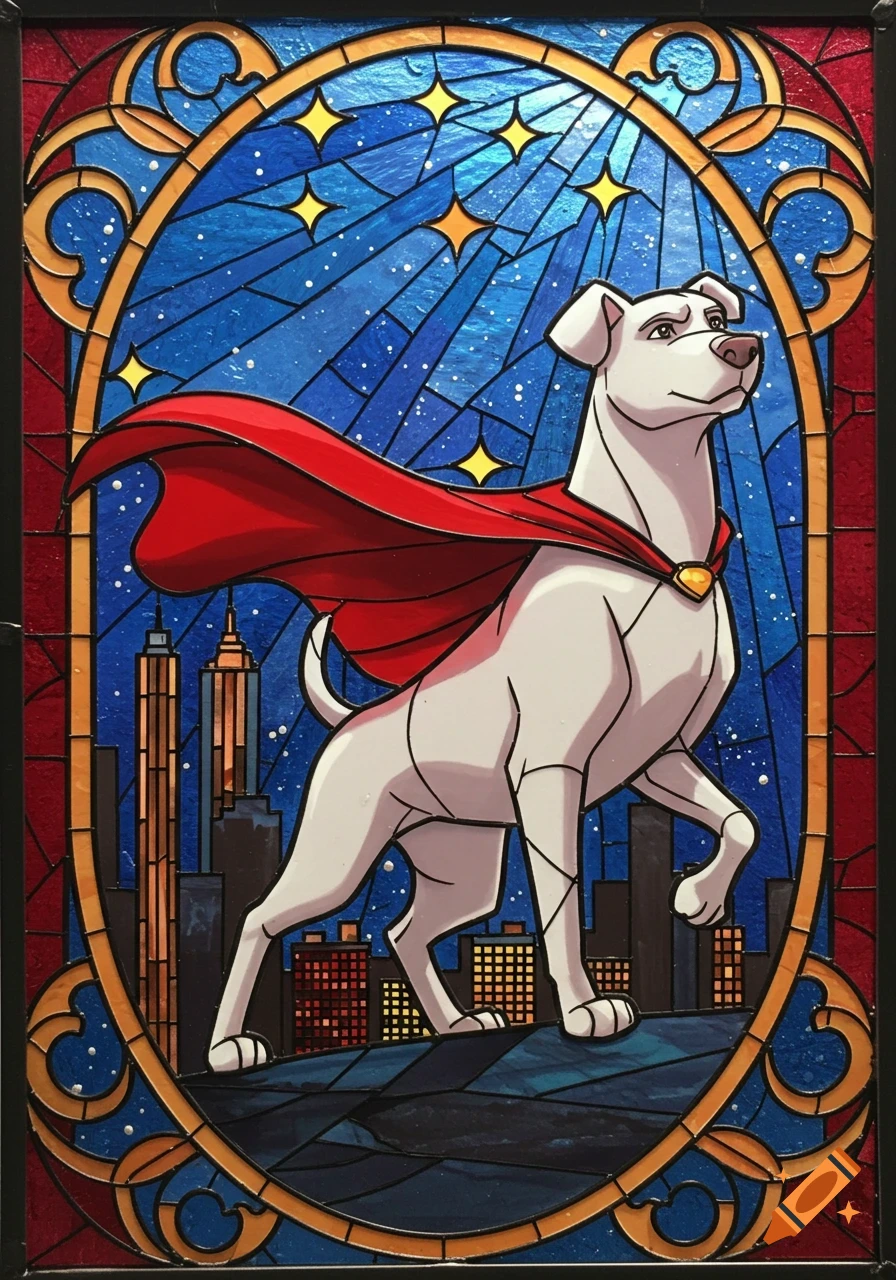 Krypto the Superdog in a stained glass window, standing on a city rooftop with skyscrapers and stars in the background.