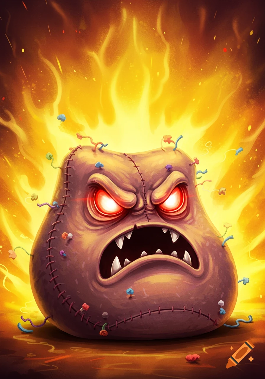 An angry, stitched beanbag character with glowing red eyes and fangs against a fiery yellow background.