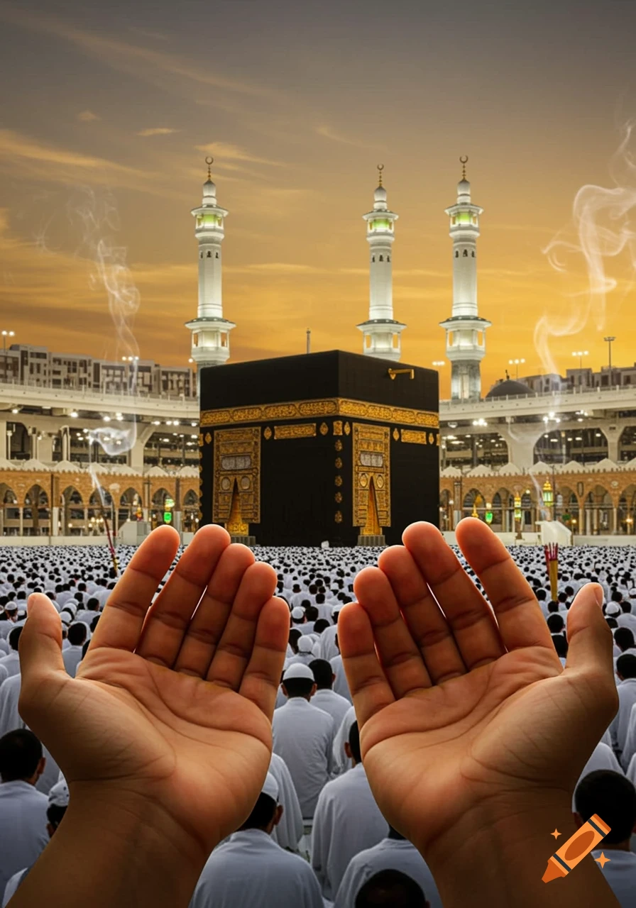 Hands raised in prayer towards the Kaaba in Mecca, surrounded by a large crowd of pilgrims at sunset.