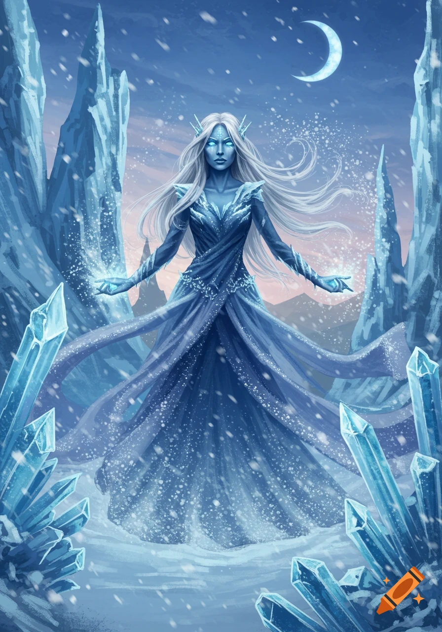 A pale blue ice sorceress with white hair and glowing eyes stands in a snowy, icy landscape with large ice crystals and a crescent moon.