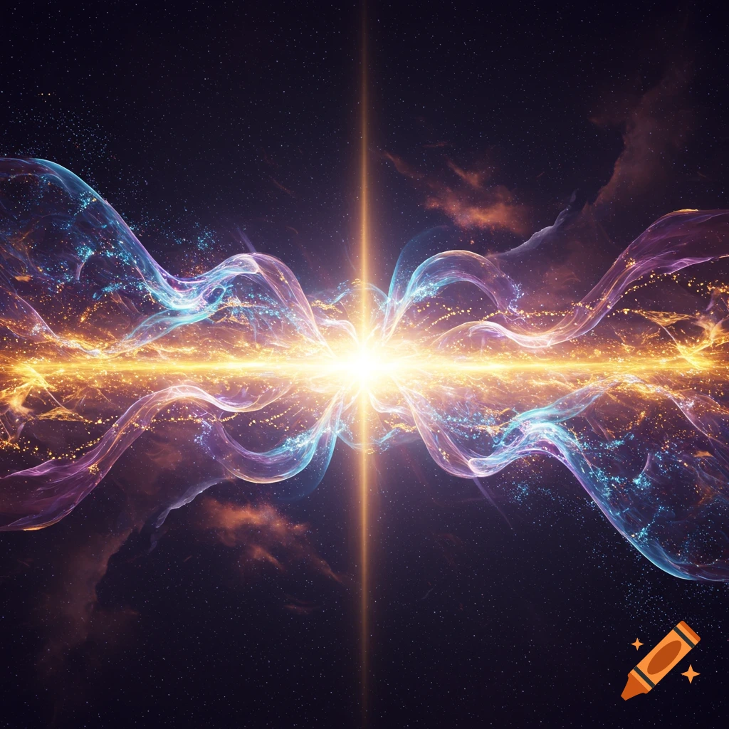 An abstract image of a bright central light with glowing orange, blue, and purple energy waves emanating into a starry dark space.