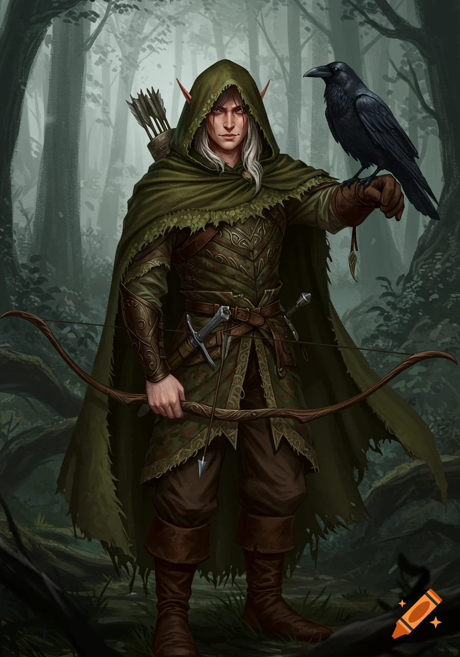 A hooded half-elven ranger stands in a forest with a bow, a short sword, and a raven perched on his arm. He has white hair and scars on his face.