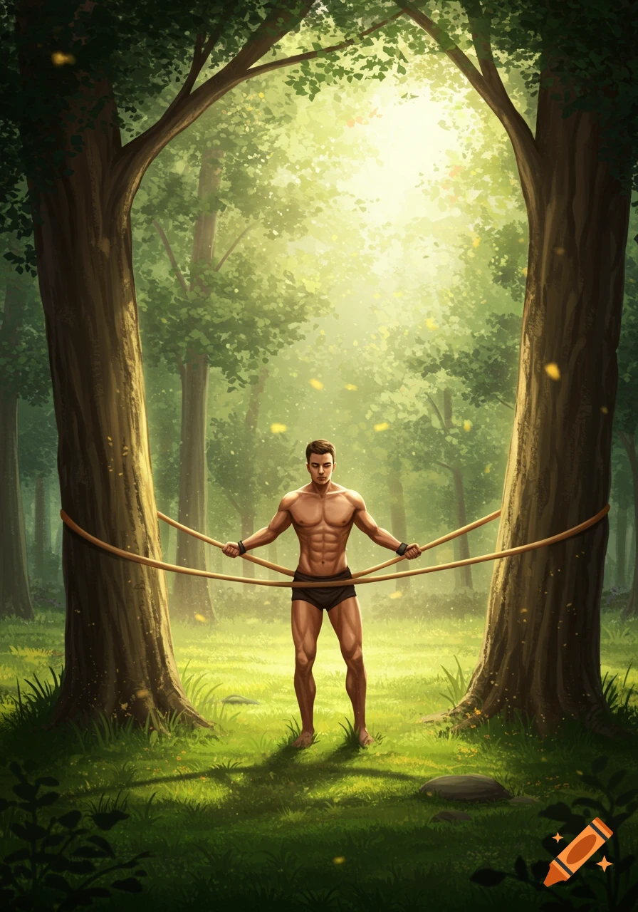 A muscular man in shorts stands barefoot between two large trees in a sunlit forest, holding two taut ropes or elastic bands attached to the trees.