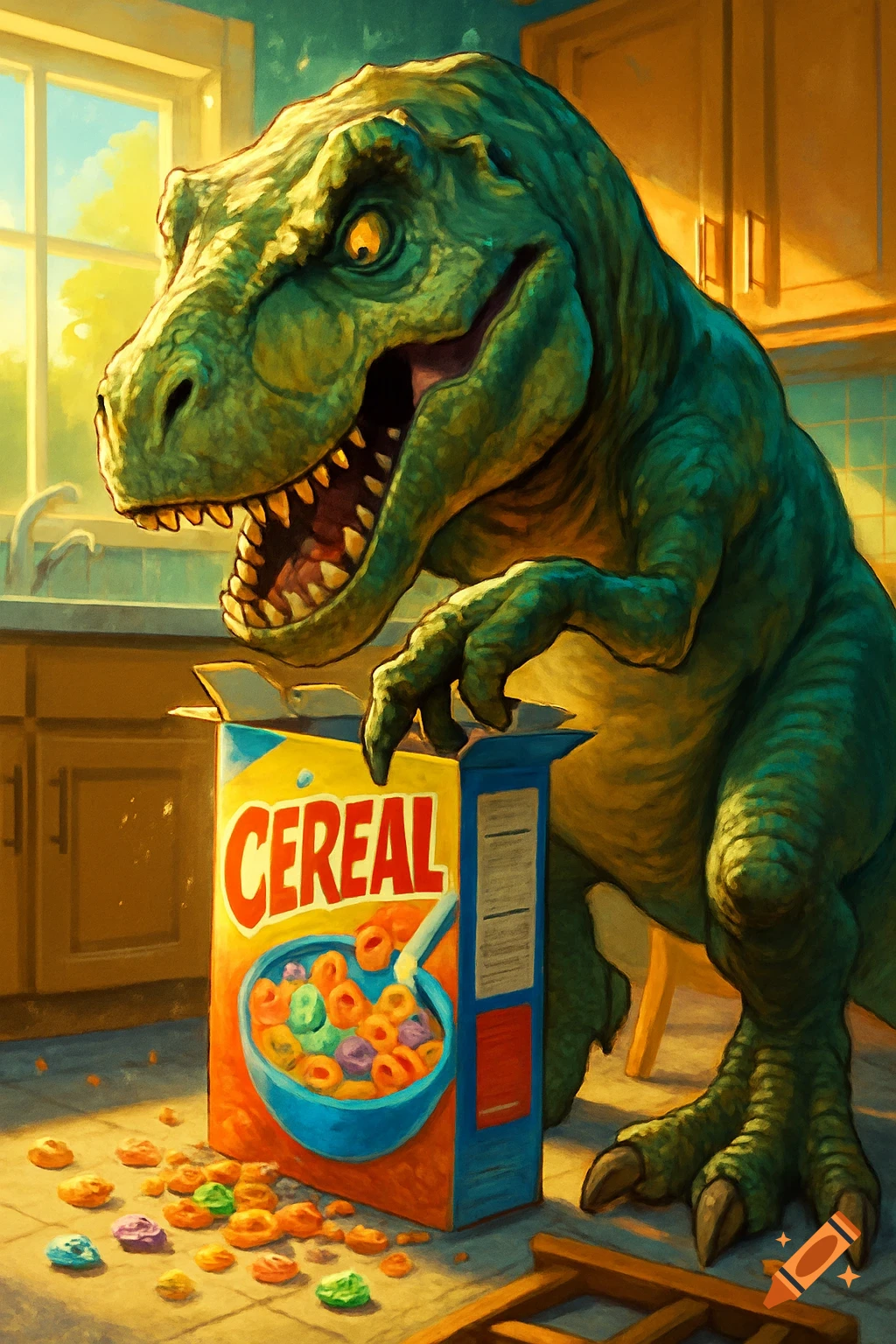 A large green T-rex digging into an open box of colorful cereal, spilling it on a kitchen floor, in a stylized illustration.